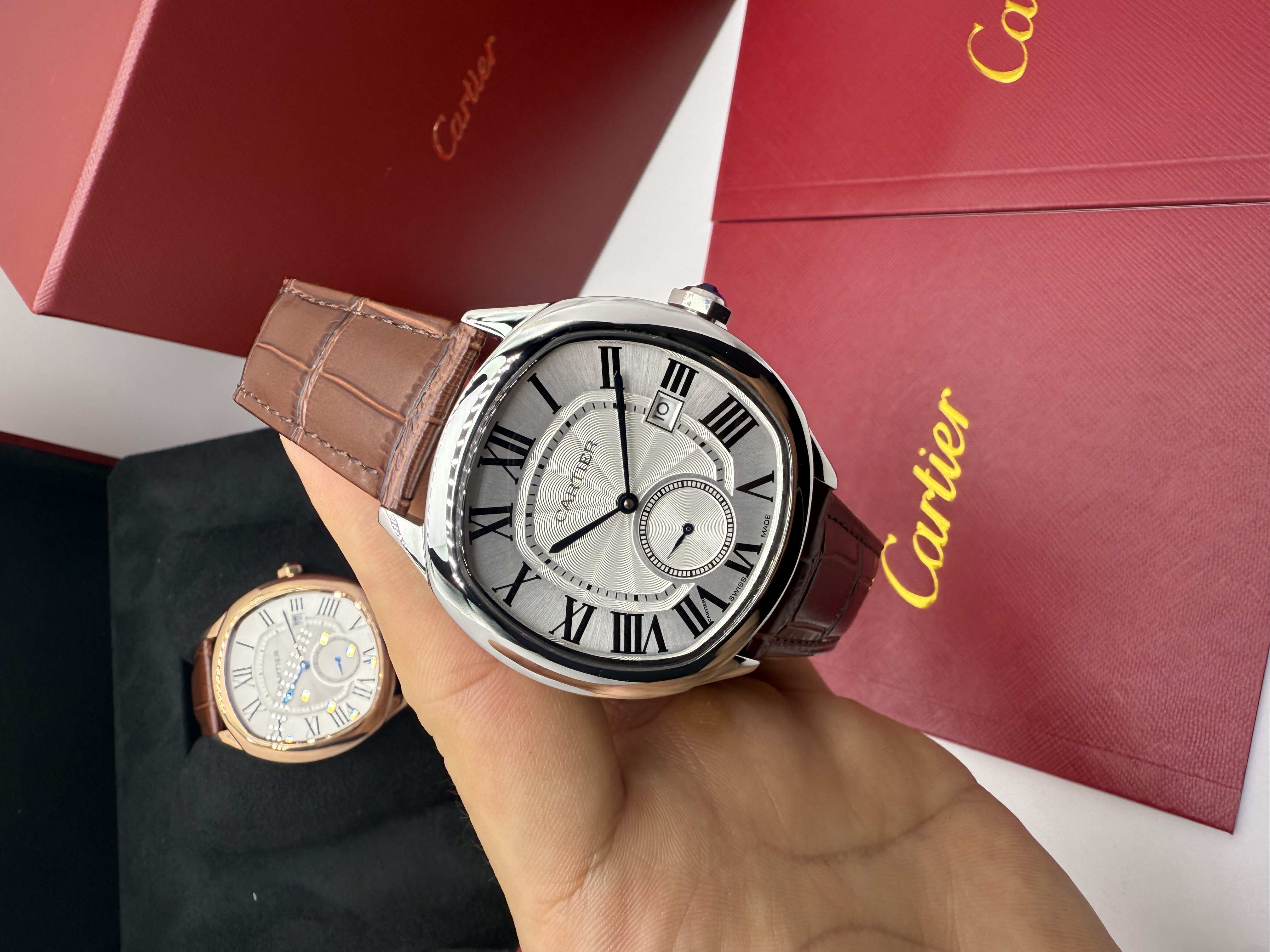 Cartier Drive Small Second Dial Branco Couro Marrom