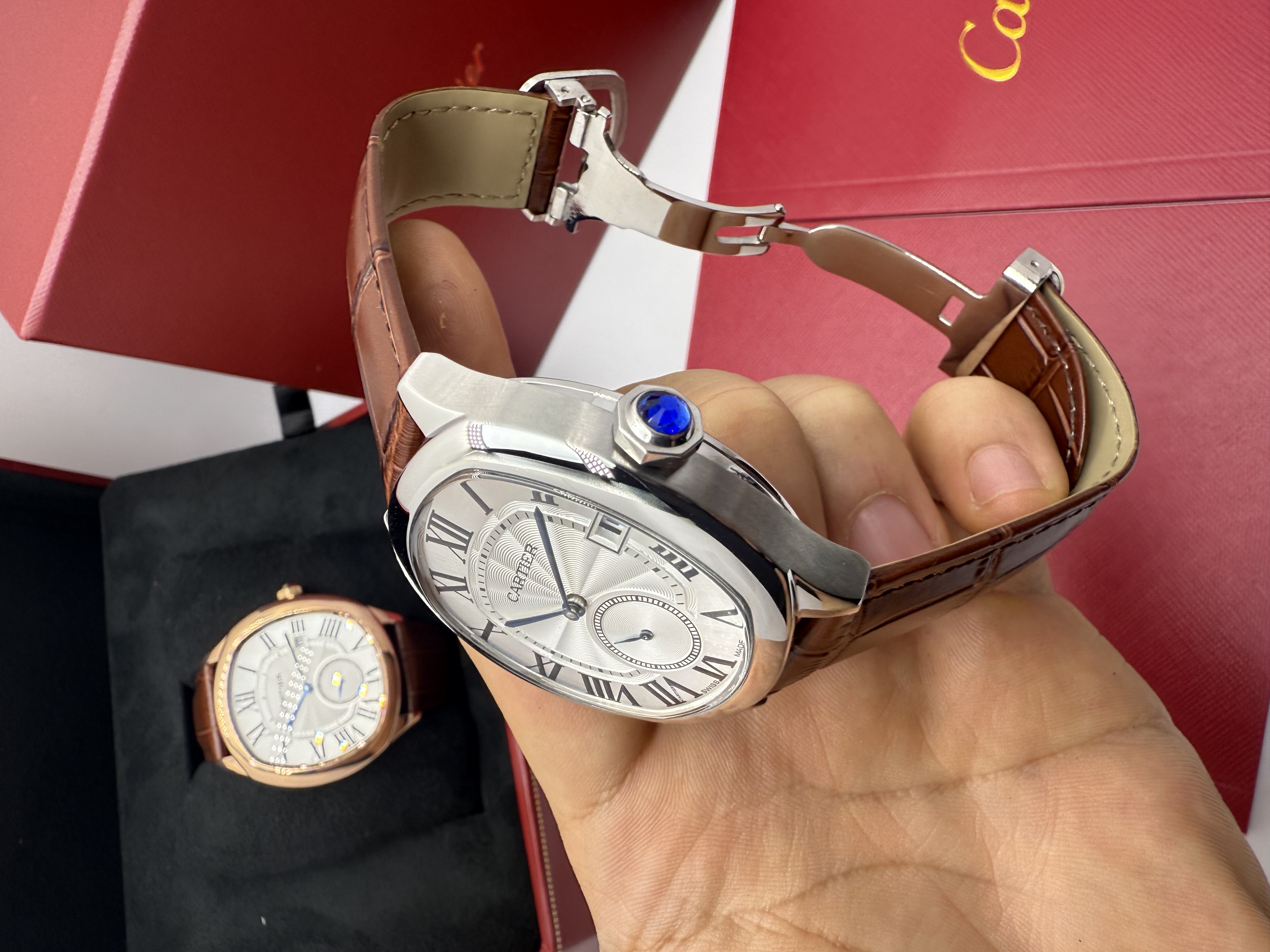 Cartier Drive Small Second Dial Branco Couro Marrom