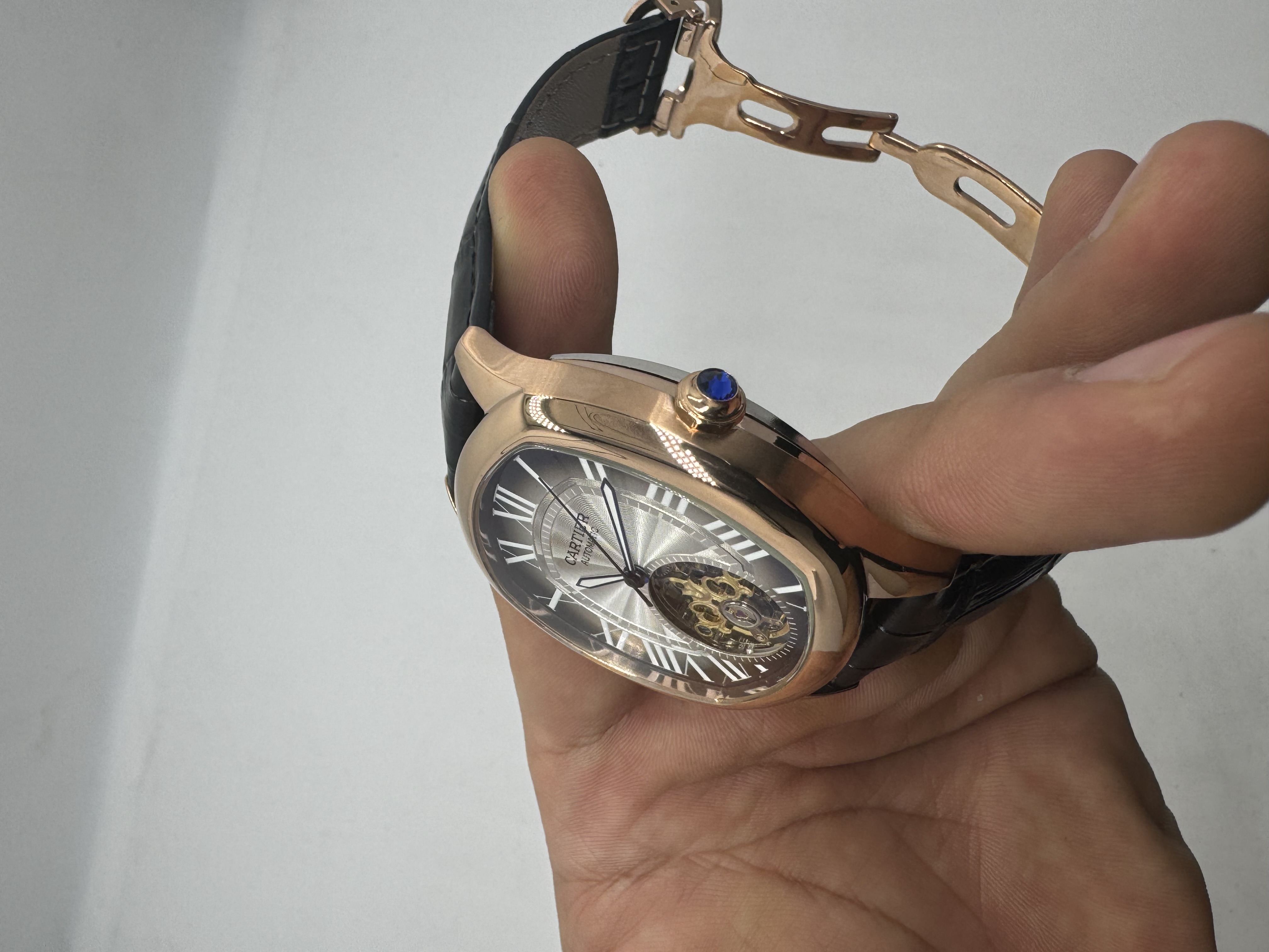 Cartier Drive TURBILHÃO Rosê Dial Preto Couro Preto