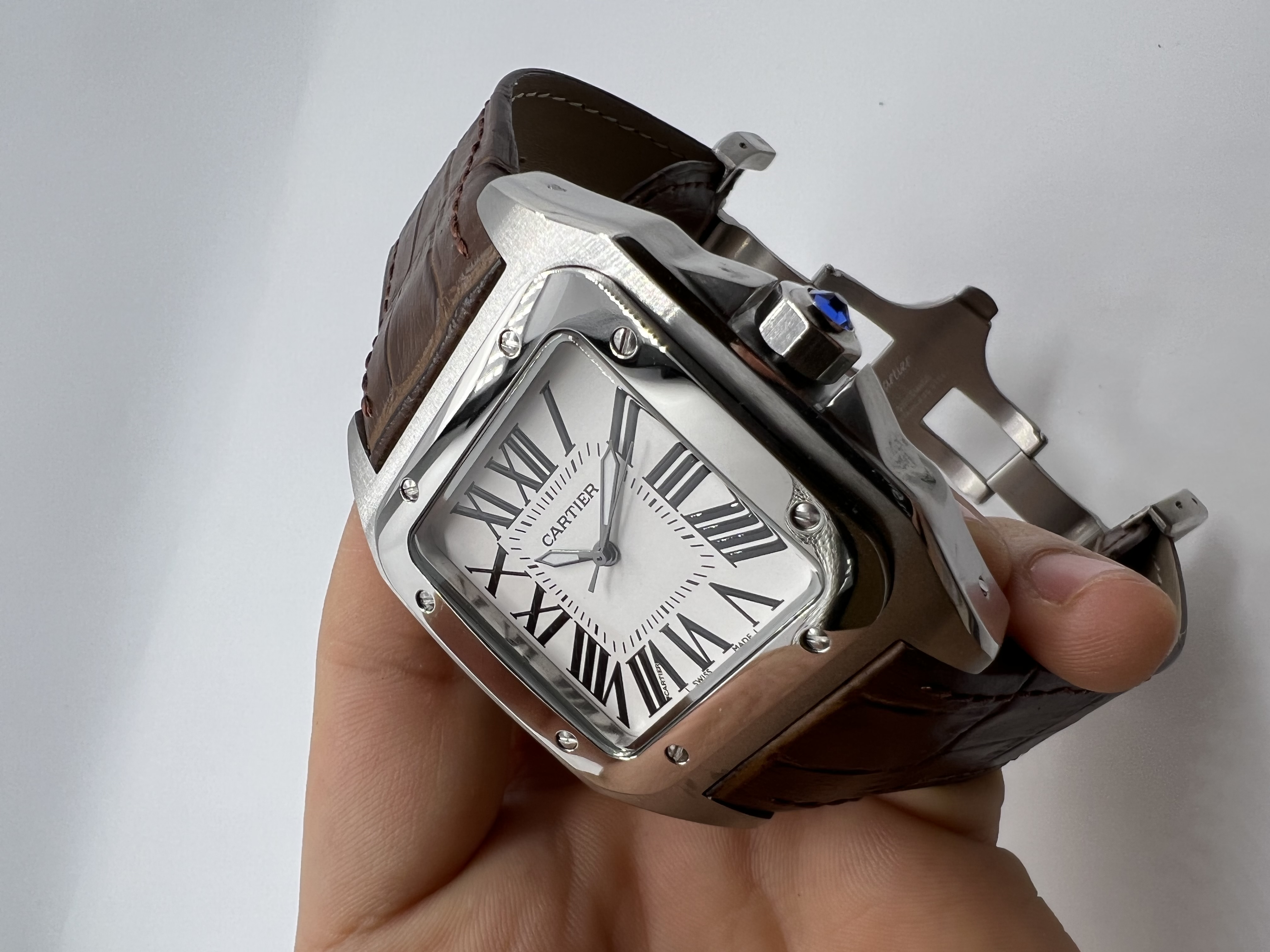 Cartier Santos Dial Branco Couro Marrom XL