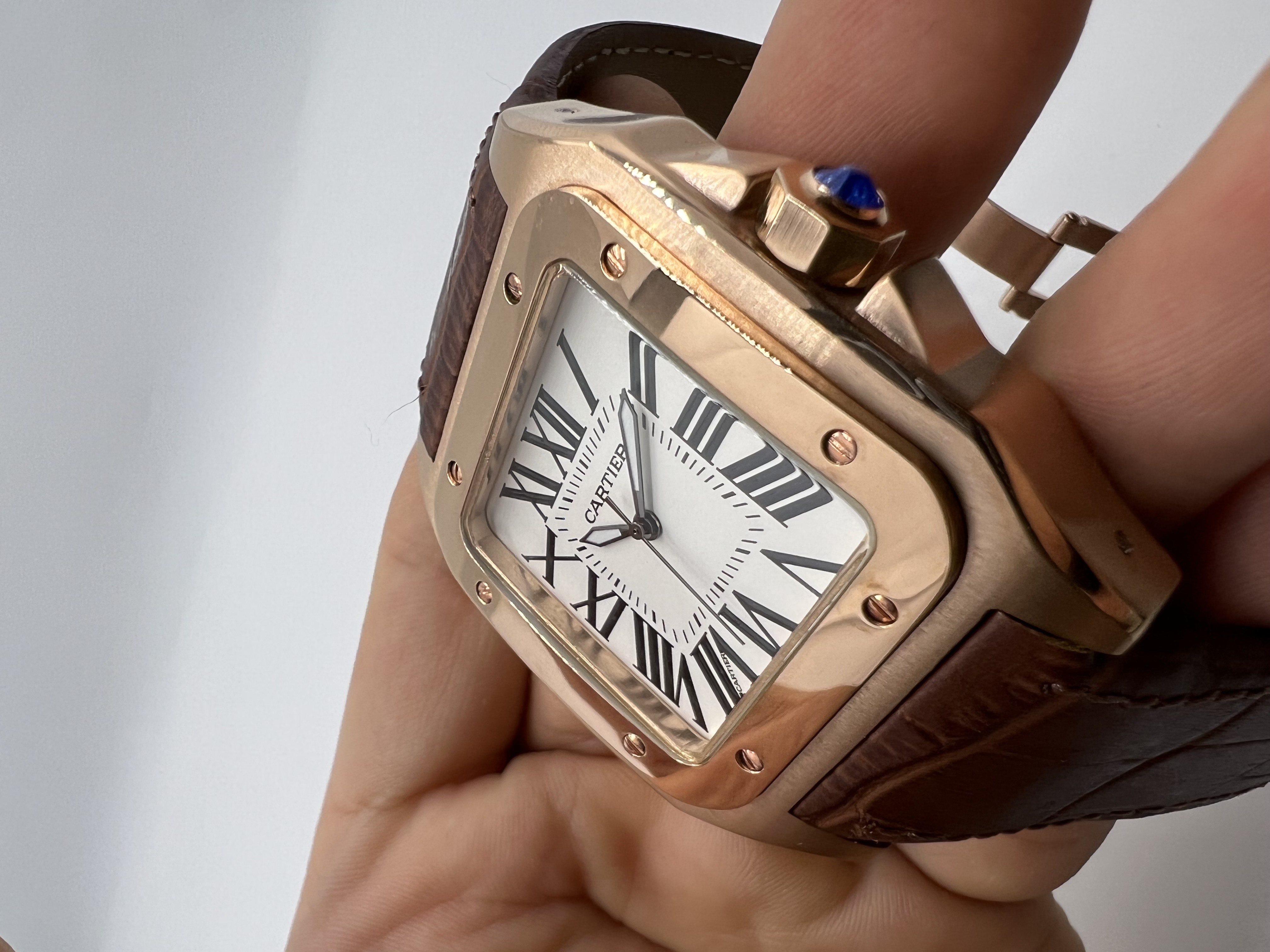 Cartier Santos Rosê Dial Branco Couro Marrom XL