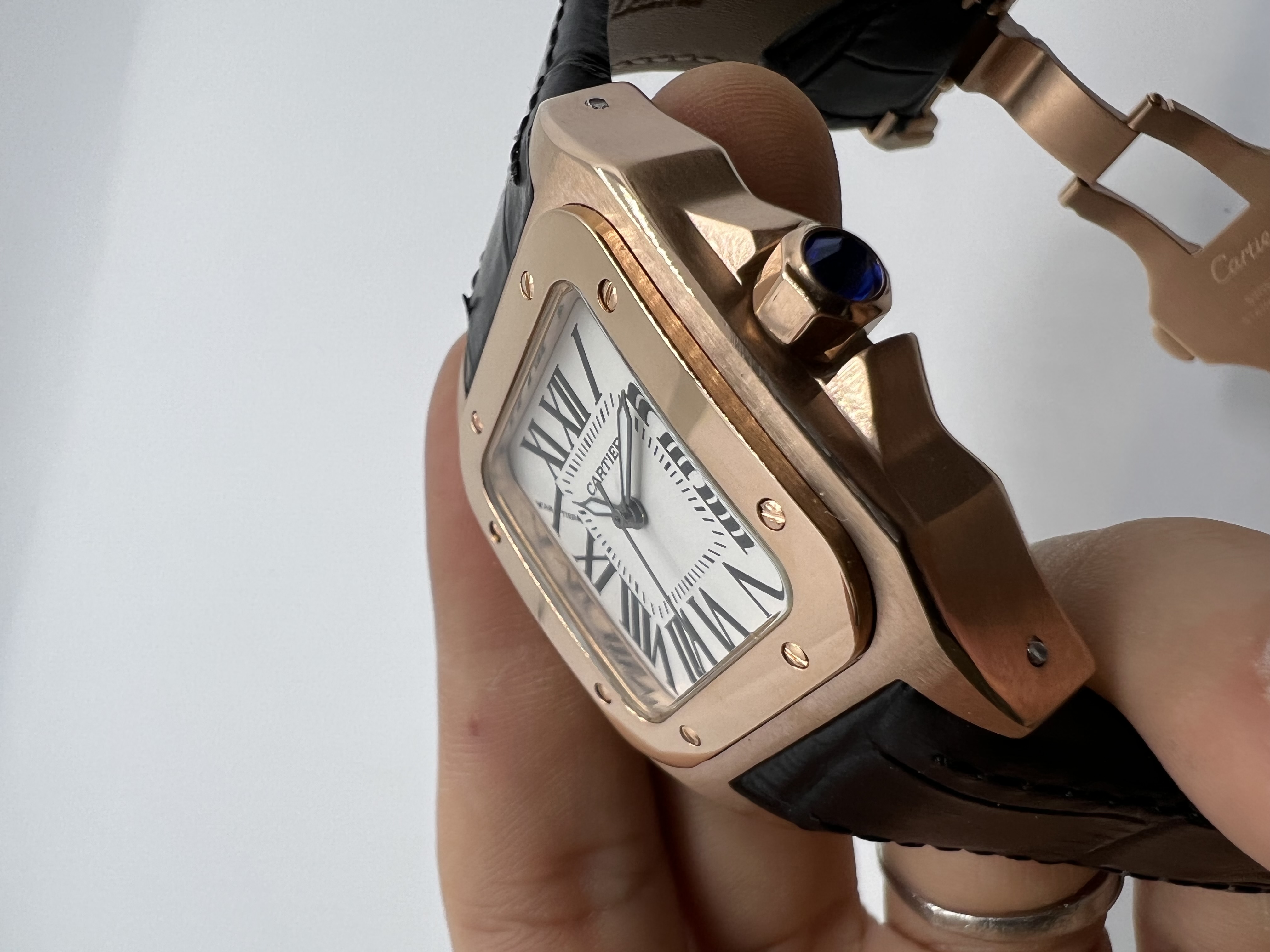 Cartier Santos Rosê Dial Branco Couro Preto XL