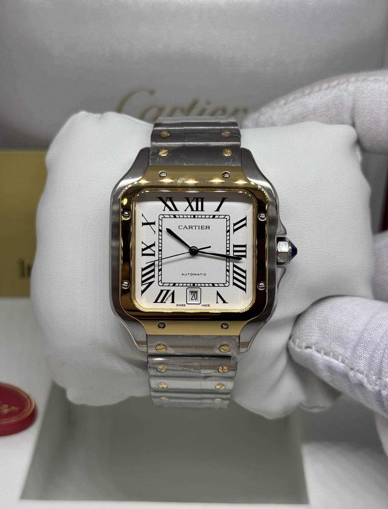 Cartier Santos Dial Branco Misto Aço e Ouro XL