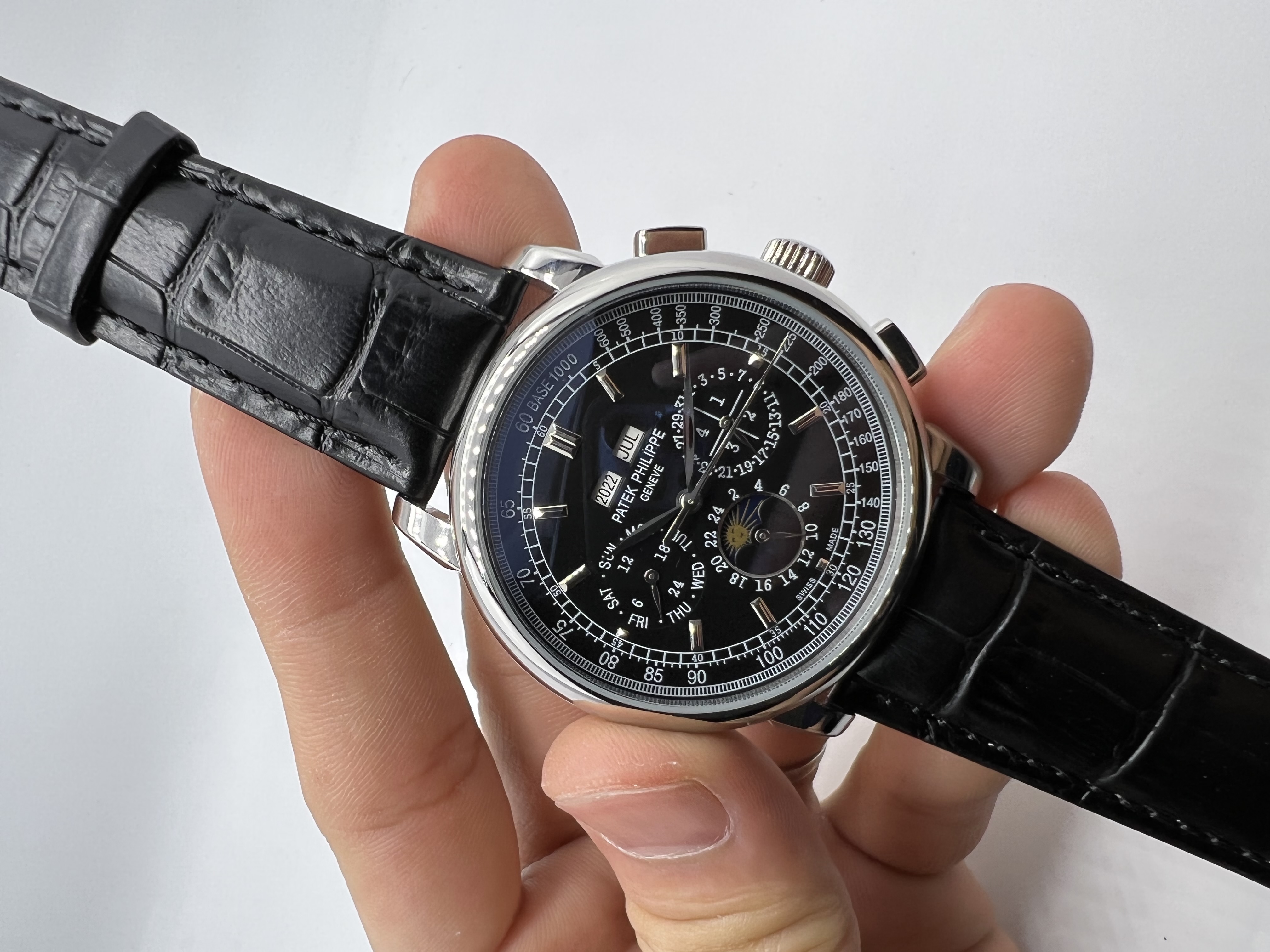 Patek Philippe Moonphase Couro Preto