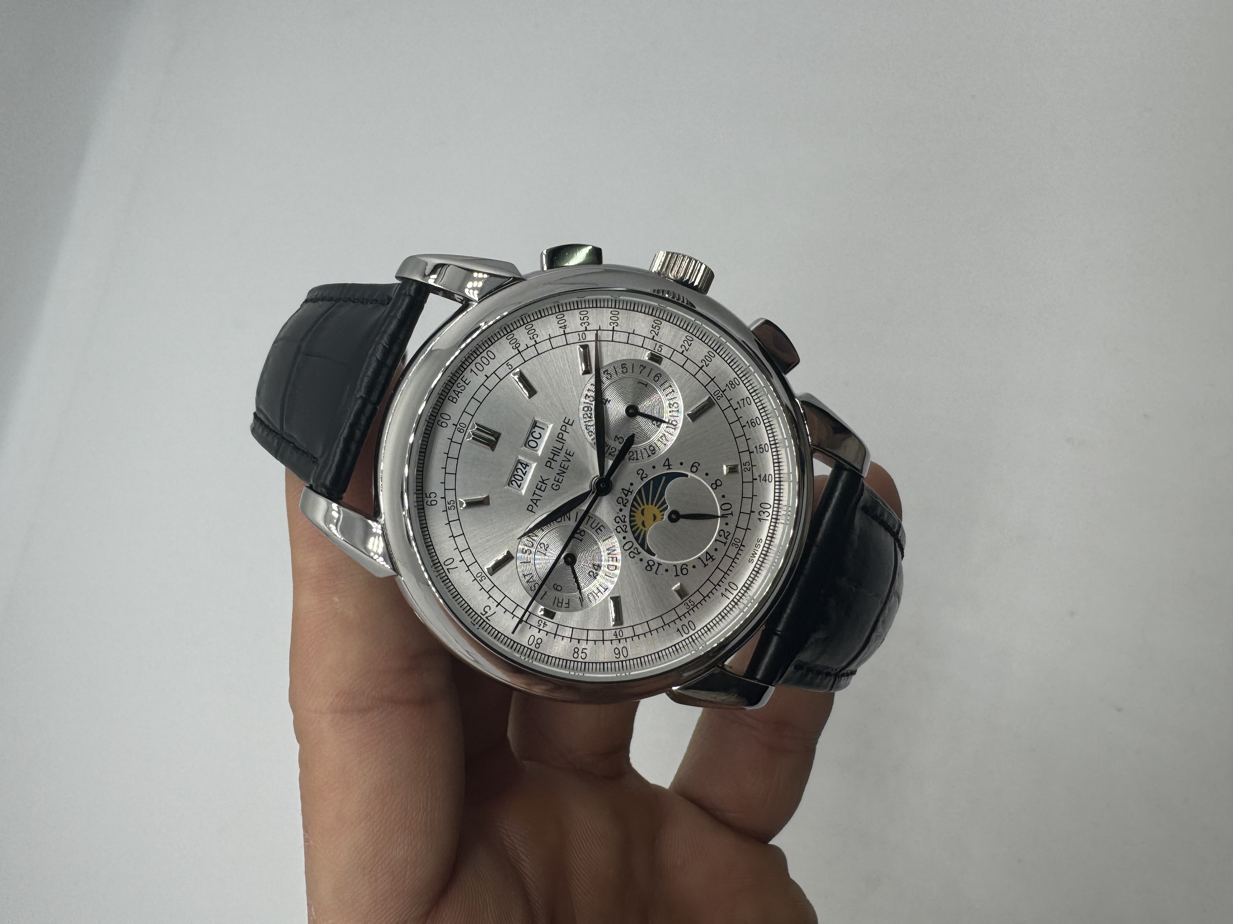 Patek Philippe Moonphase Dial Prata Couro Preto