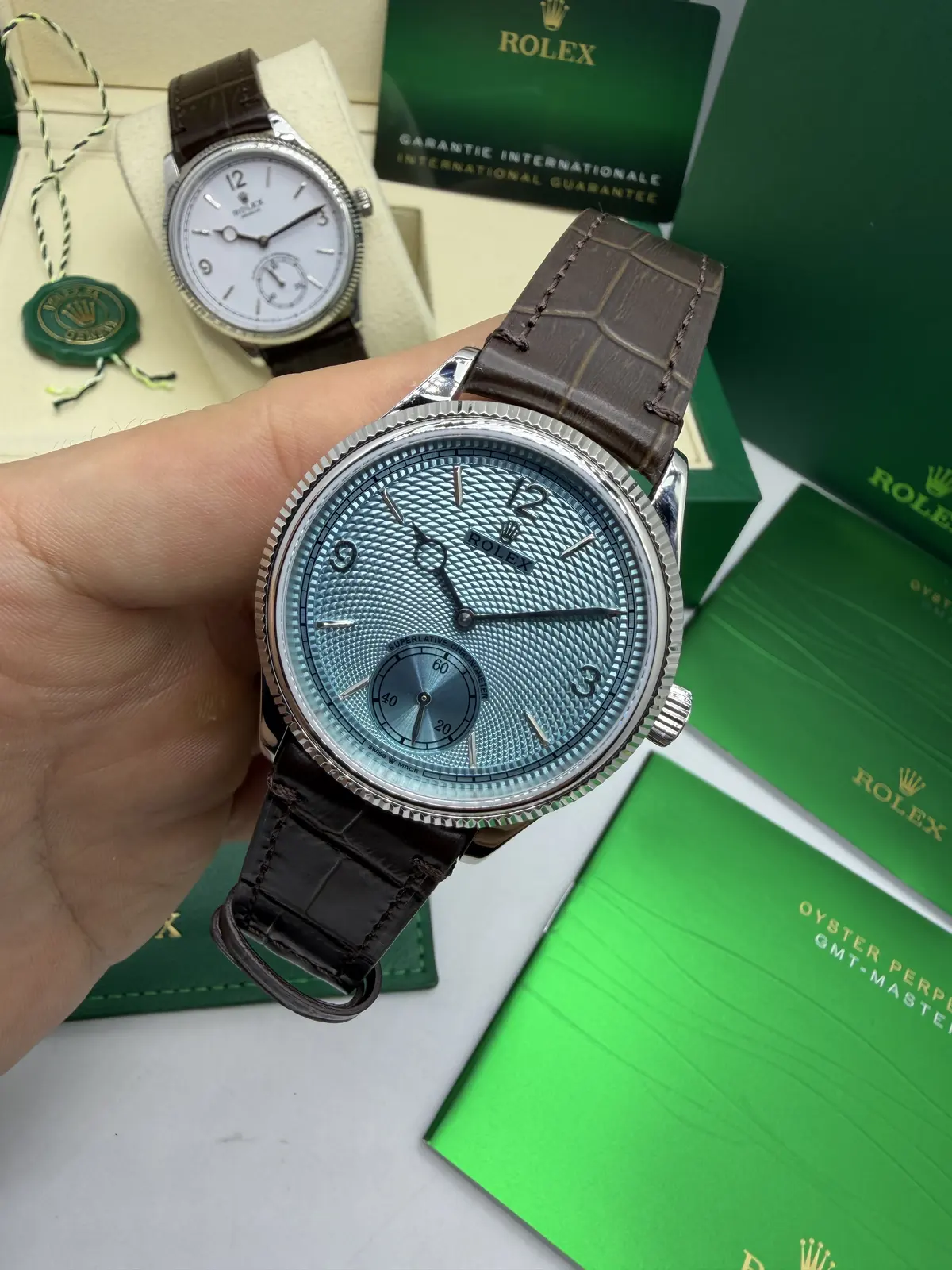 Rolex 1908 Dial Azul Couro Marrom