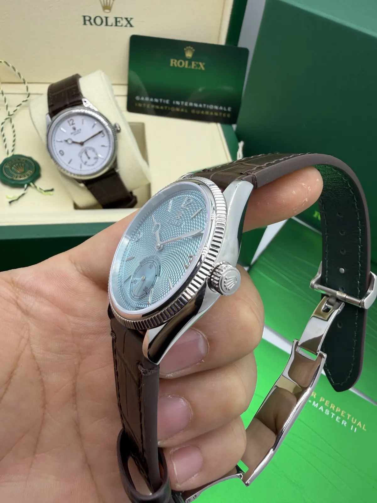 Rolex 1908 Dial Azul Couro Marrom