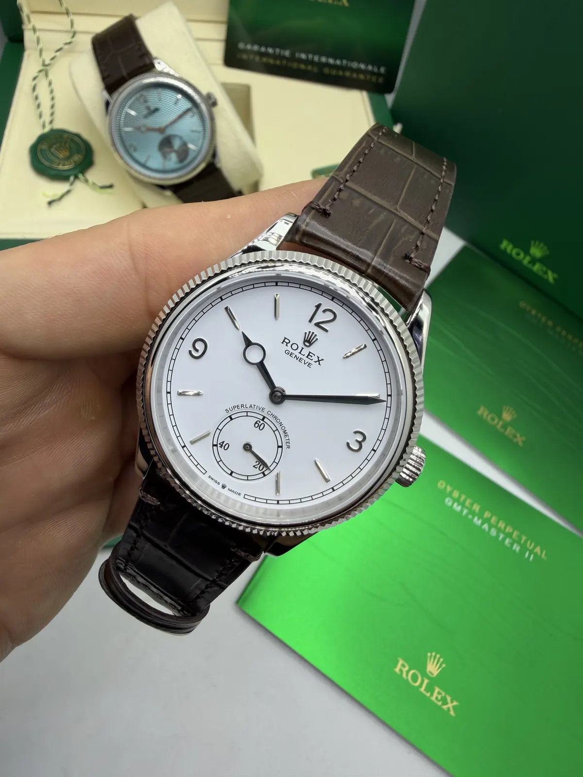 Rolex 1908 Dial Branco Couro Marrom