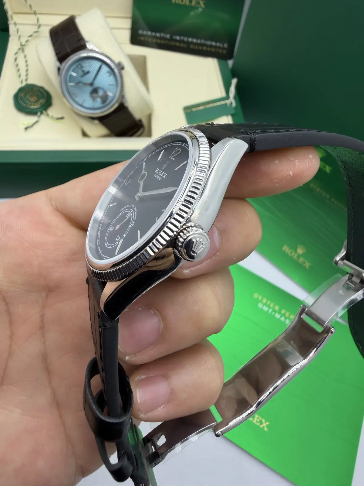 Rolex 1908 Dial Preto Couro Preto