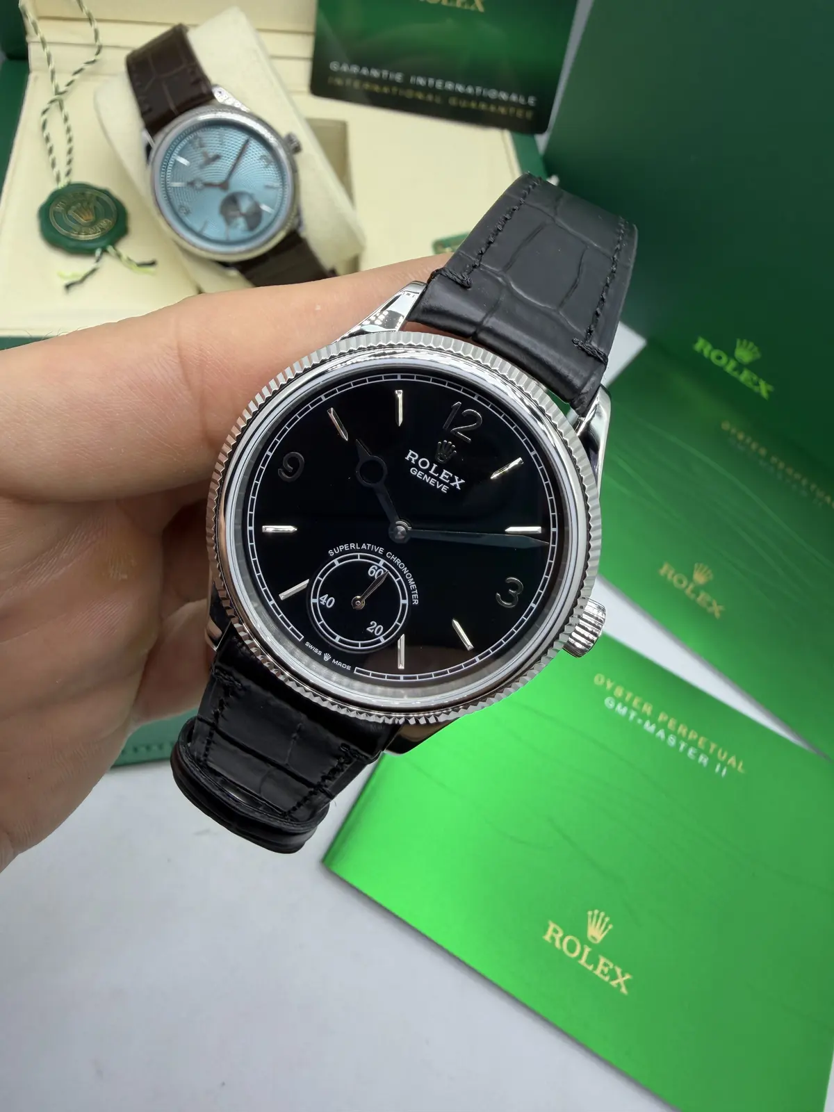 Rolex 1908 Dial Preto Couro Preto