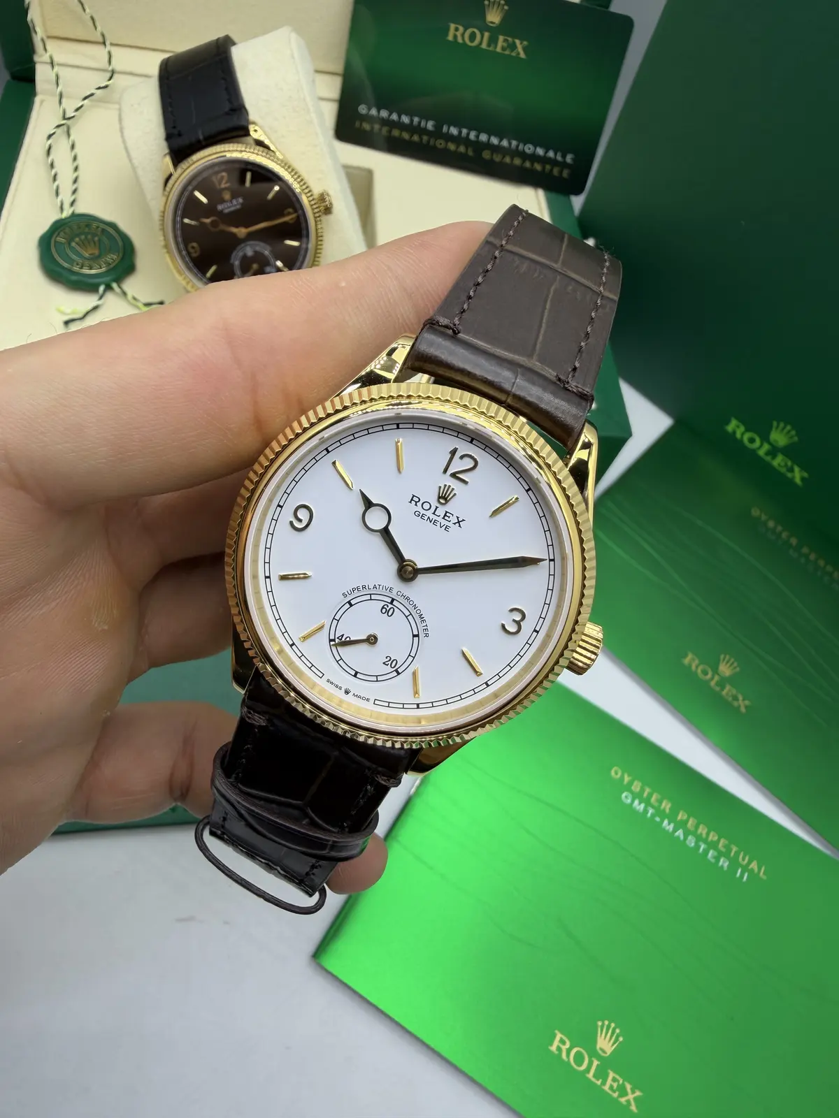 Rolex 1908 Gold Dial Branco Couro Marrom