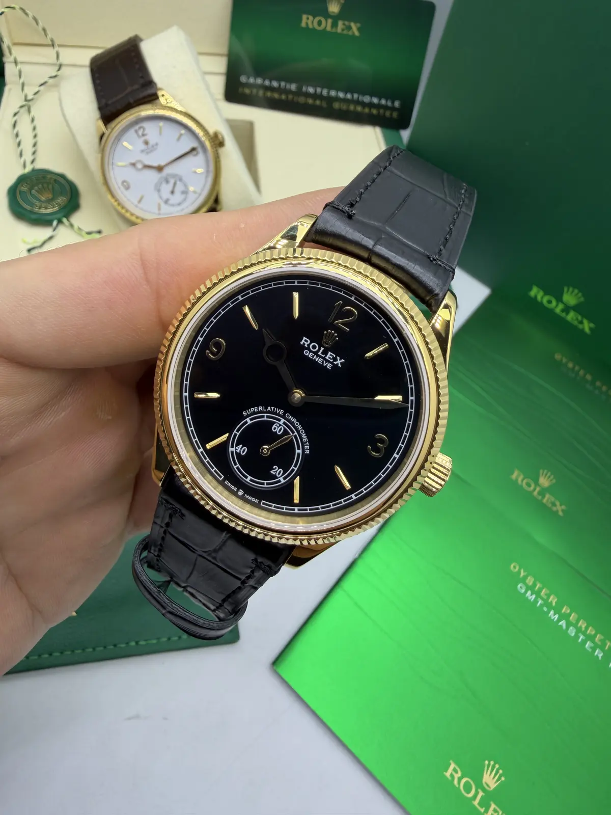 Rolex 1908 Gold Dial Preto Couro Preto