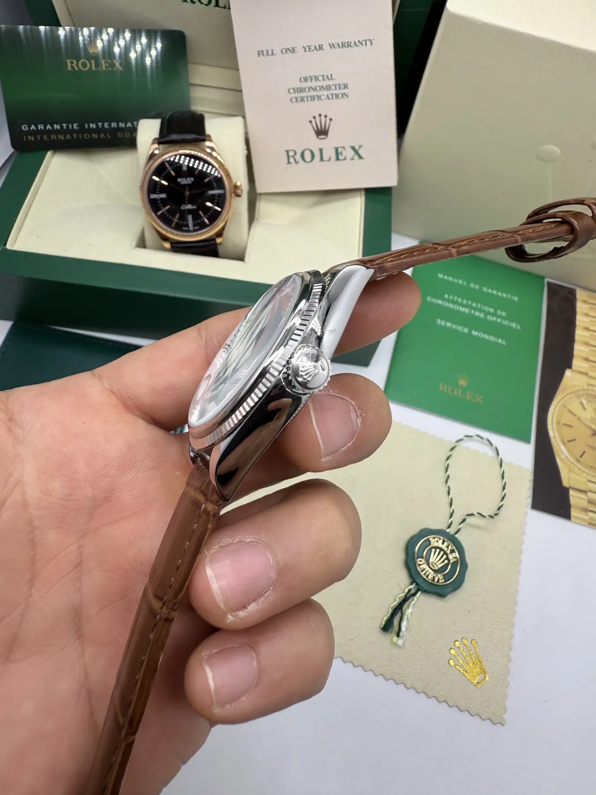 Rolex Cellini Dial Branco Couro Marrom