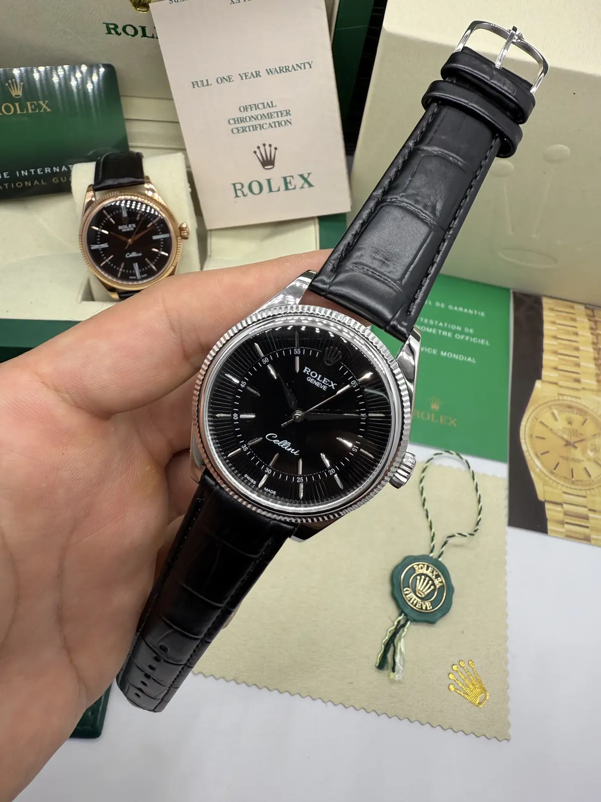 Rolex Cellini Dial Preto Couro Preto