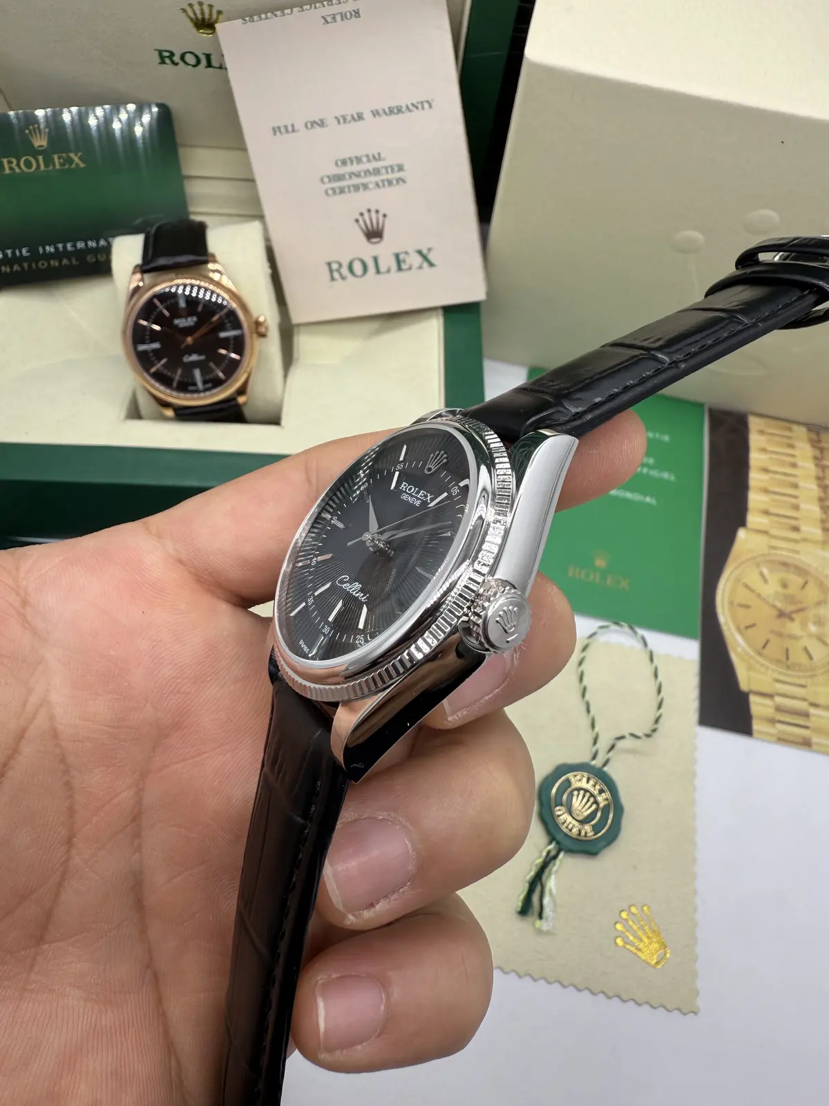 Rolex Cellini Dial Preto Couro Preto