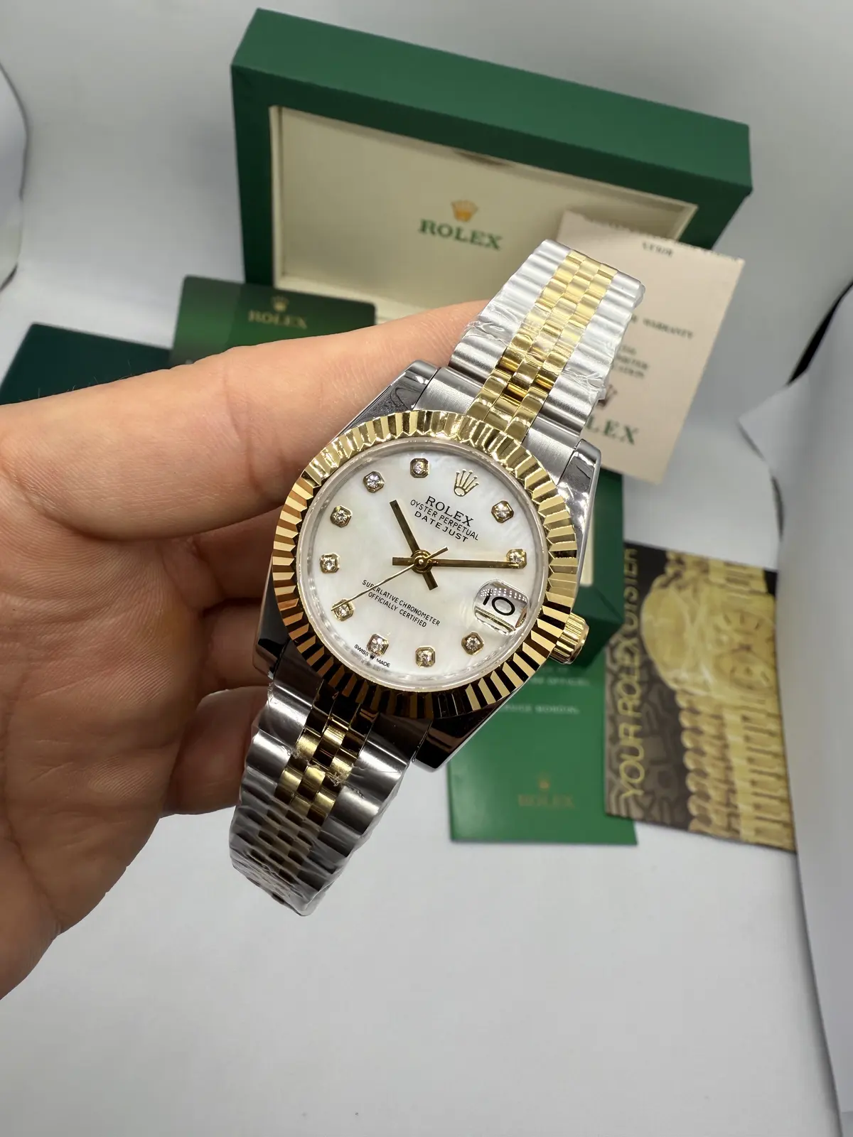 Rolex Datejust Prata com Dourado dial Branco