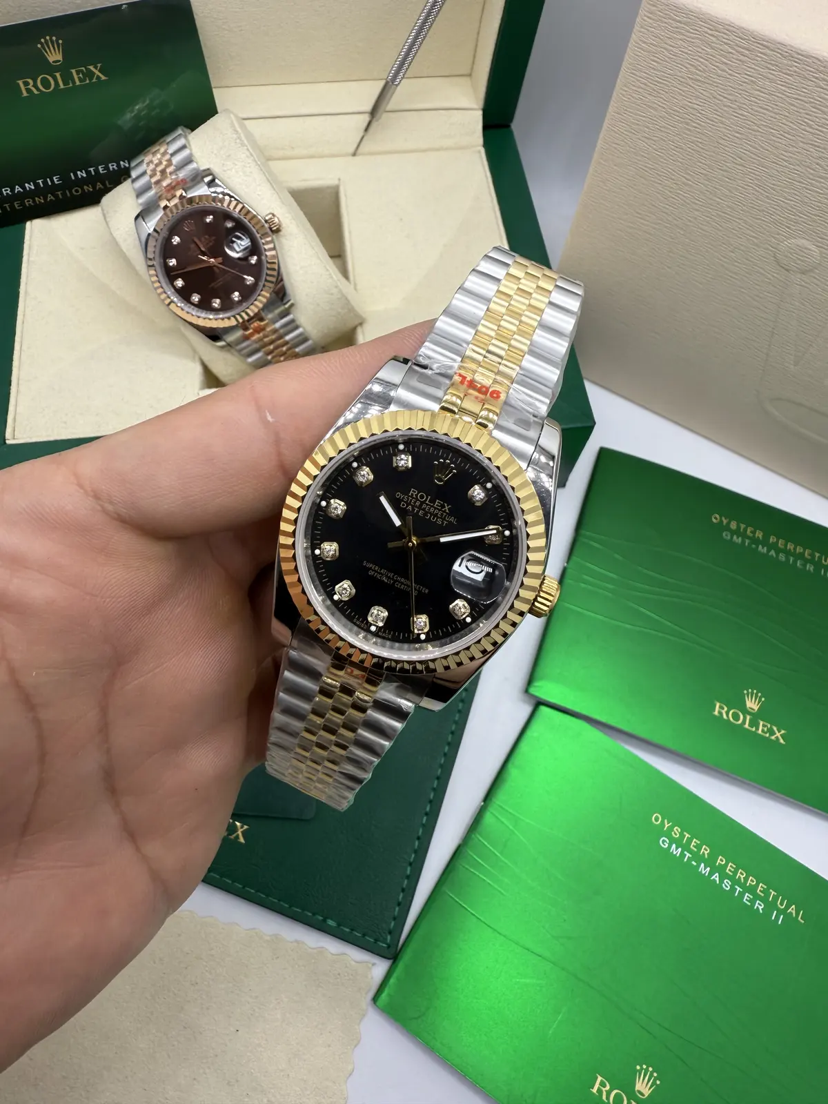 Rolex Datejust Prata com Dourado dial Preto