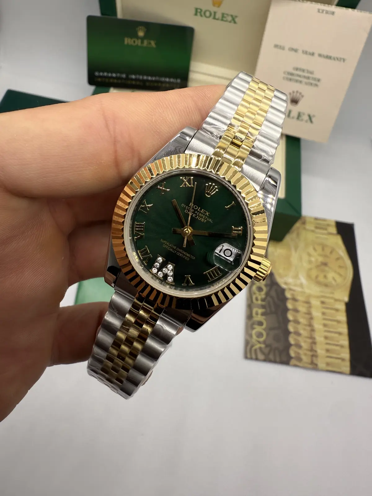Rolex Datejust Prata com Dourado dial Verde