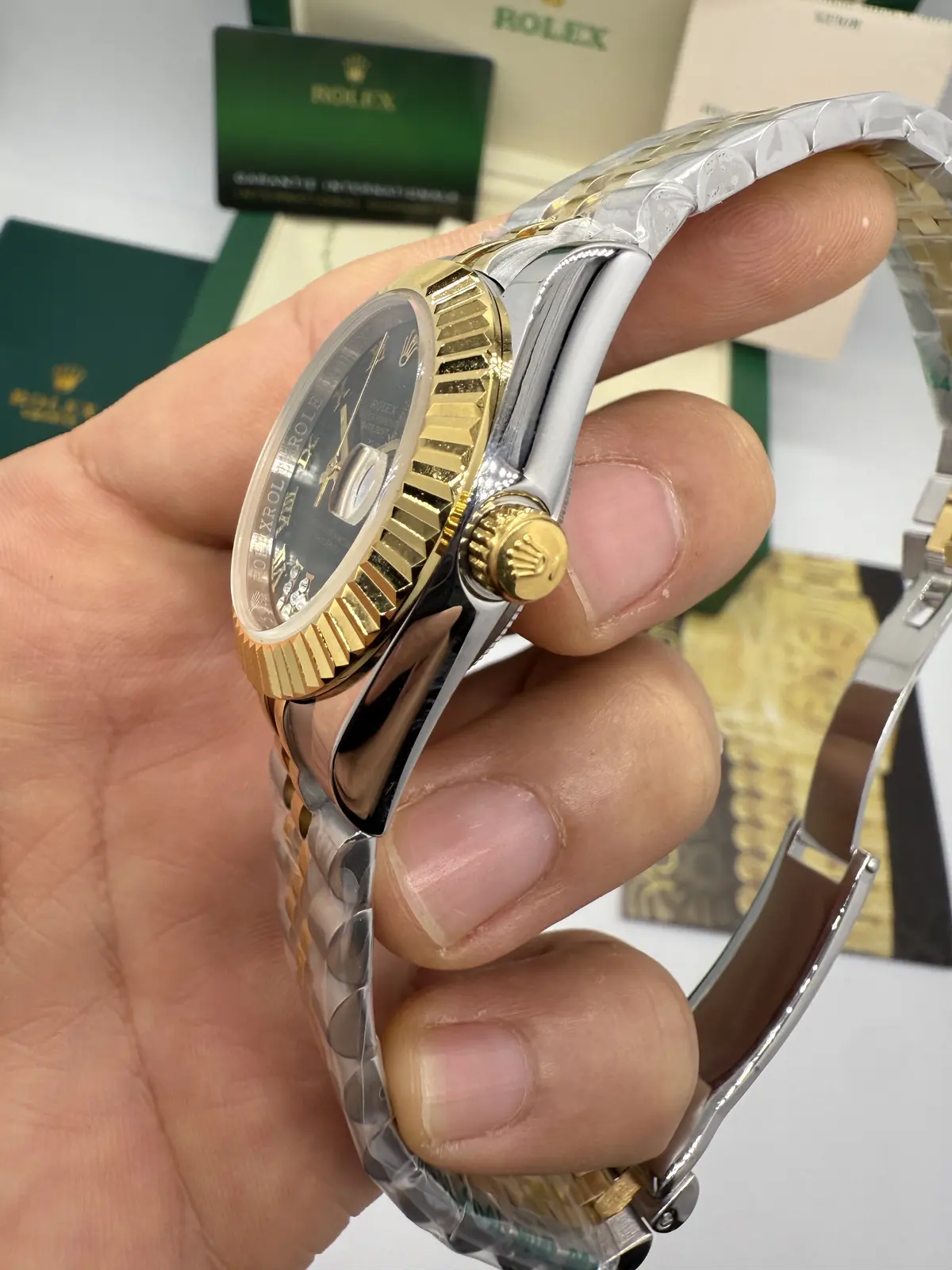 Rolex Datejust Prata com Dourado dial Verde