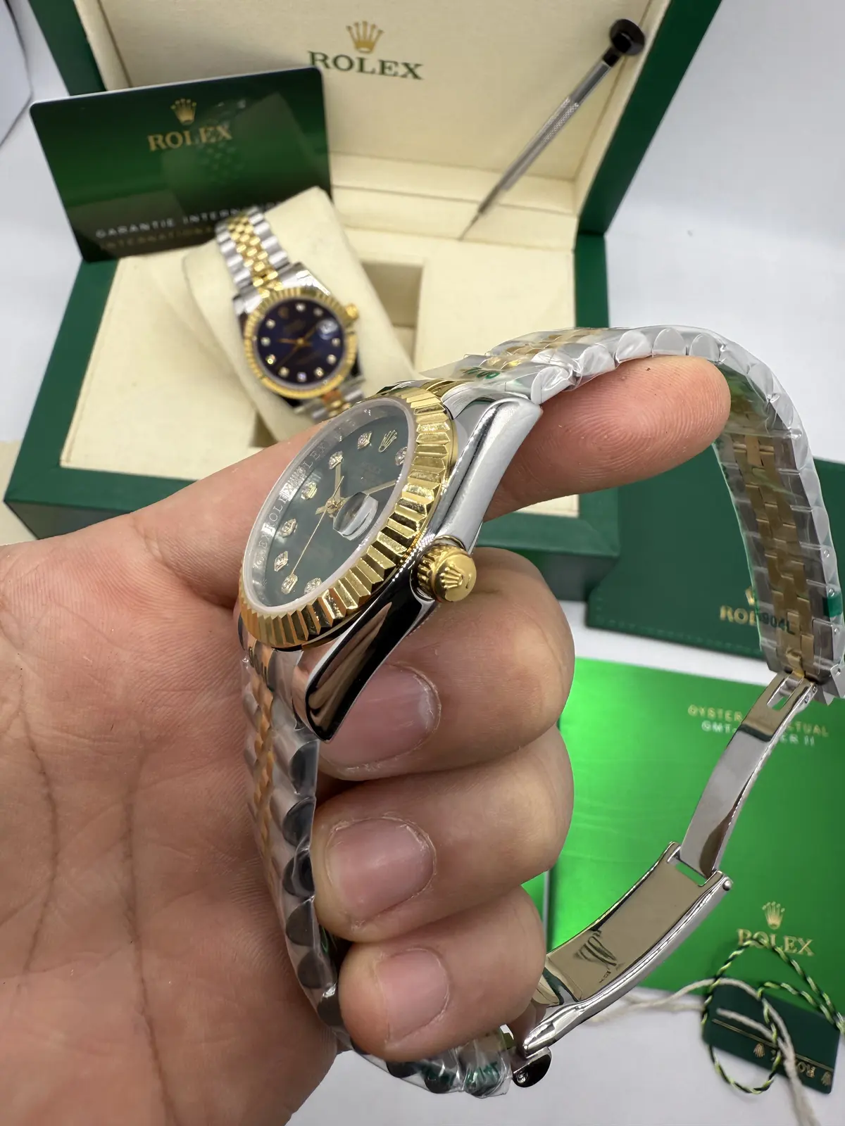 Rolex Datejust Prata com Dourado dial Verde