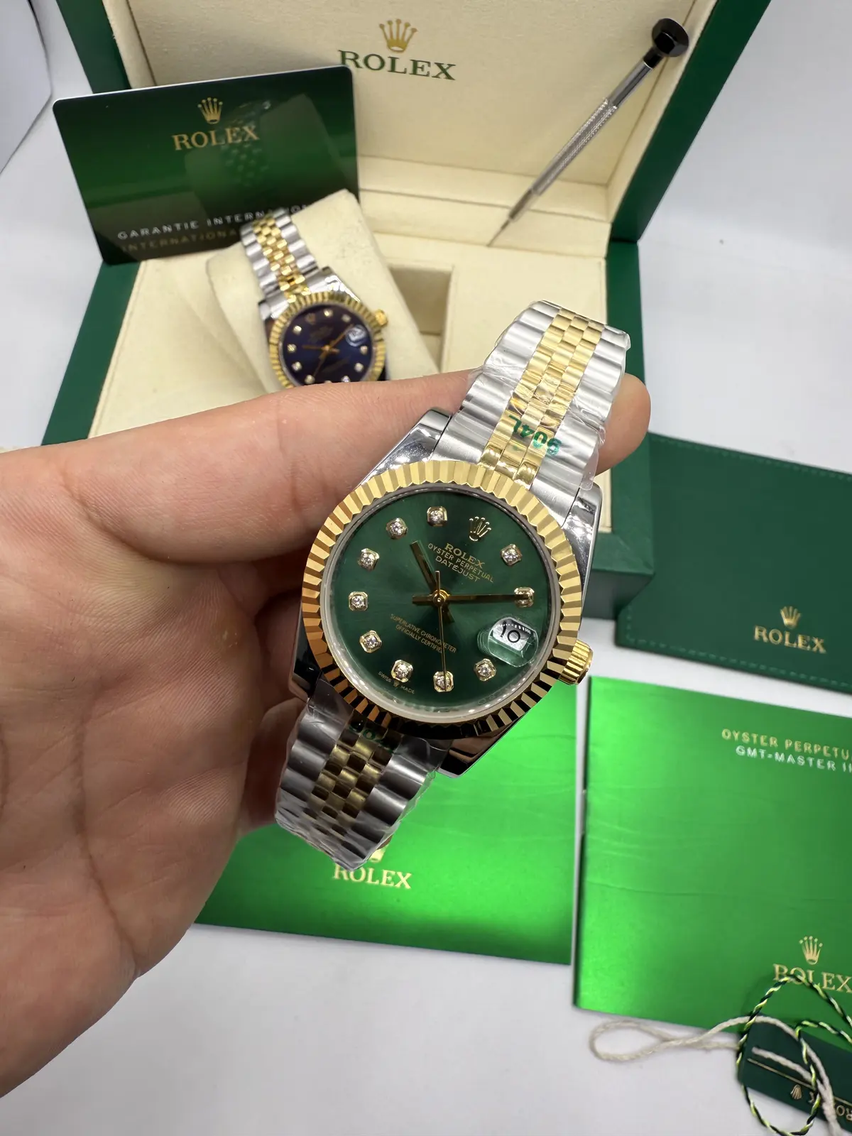 Rolex Datejust Prata com Dourado dial Verde
