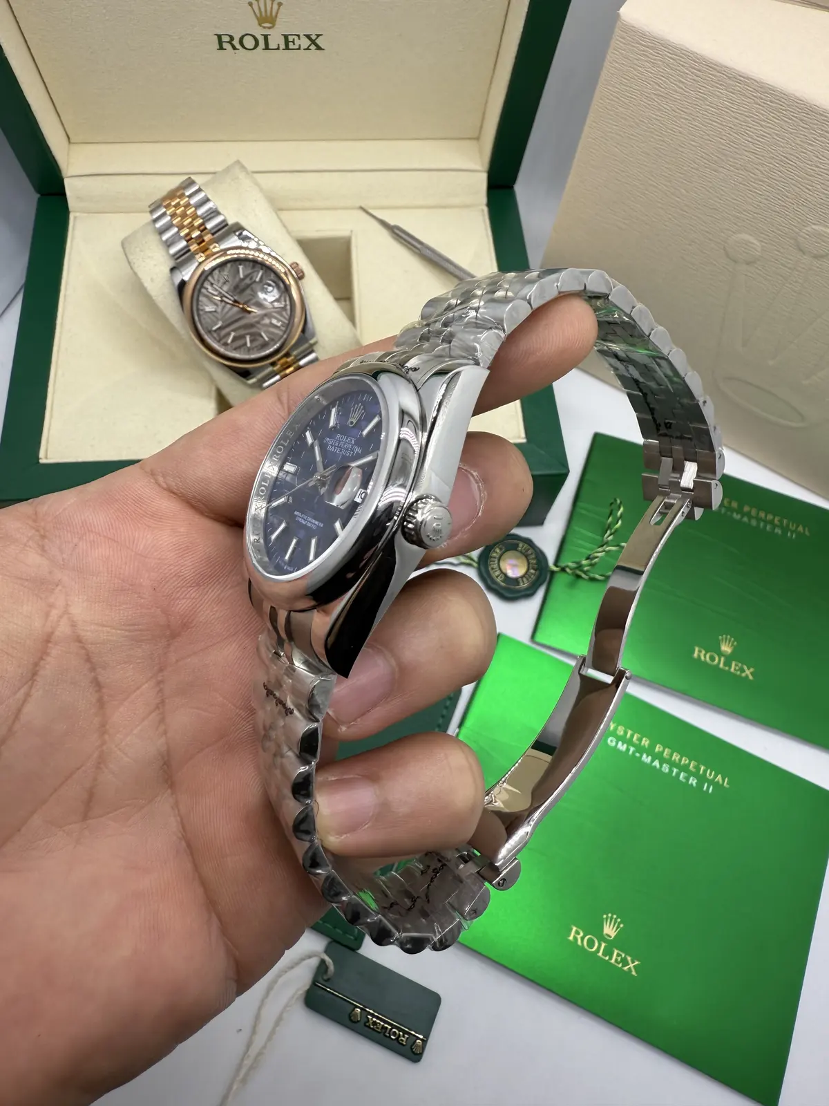 Rolex Datejust Prata dial Azul