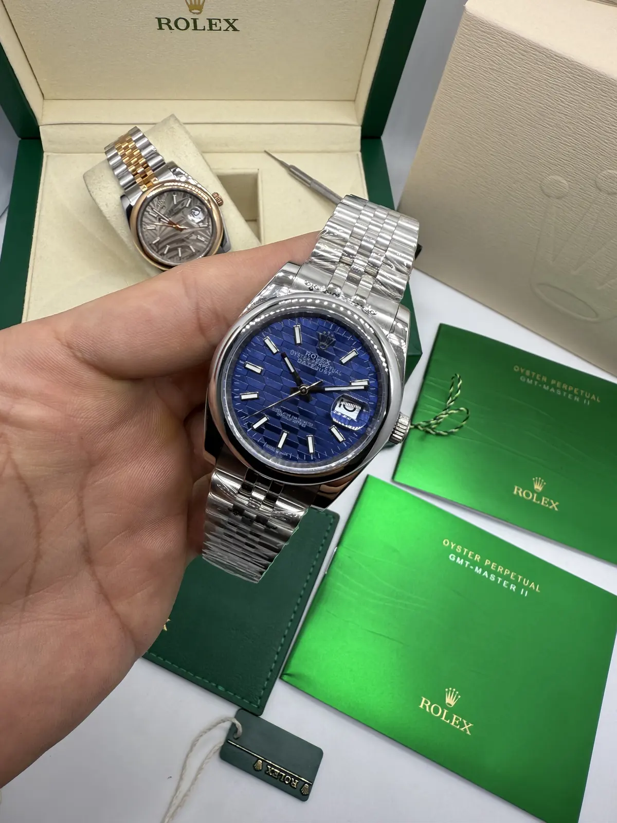 Rolex Datejust Prata dial Azul