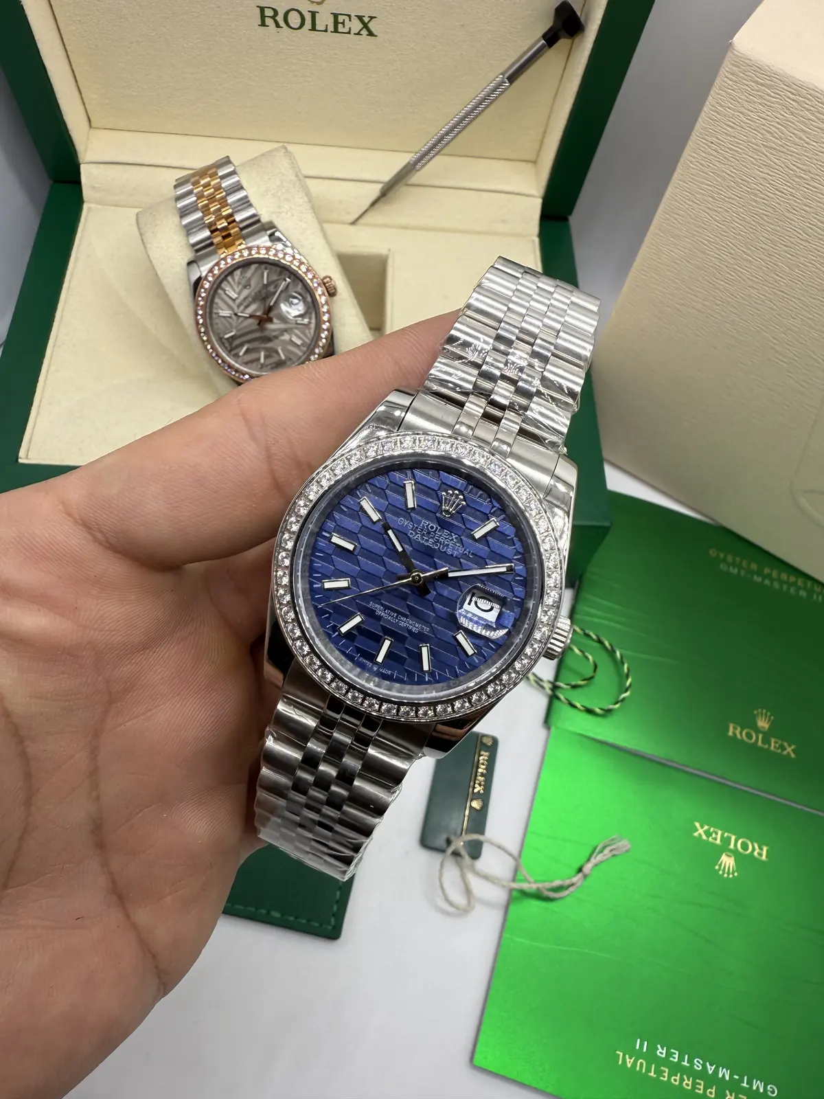 Rolex Datejust Prata dial Azul