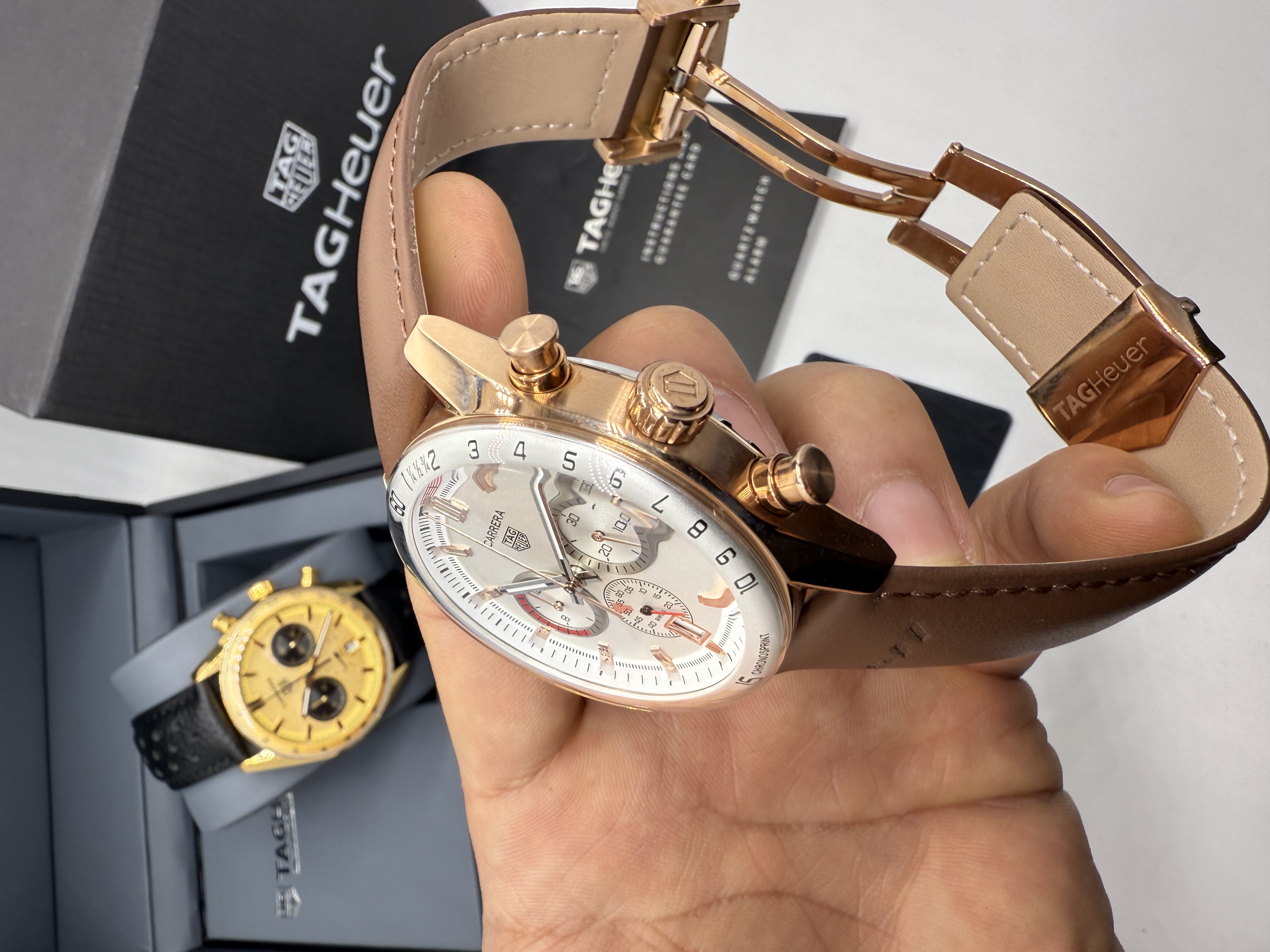 Tag Heuer Carrera Chronograph PORSCHE Dial Branco Couro Marrom