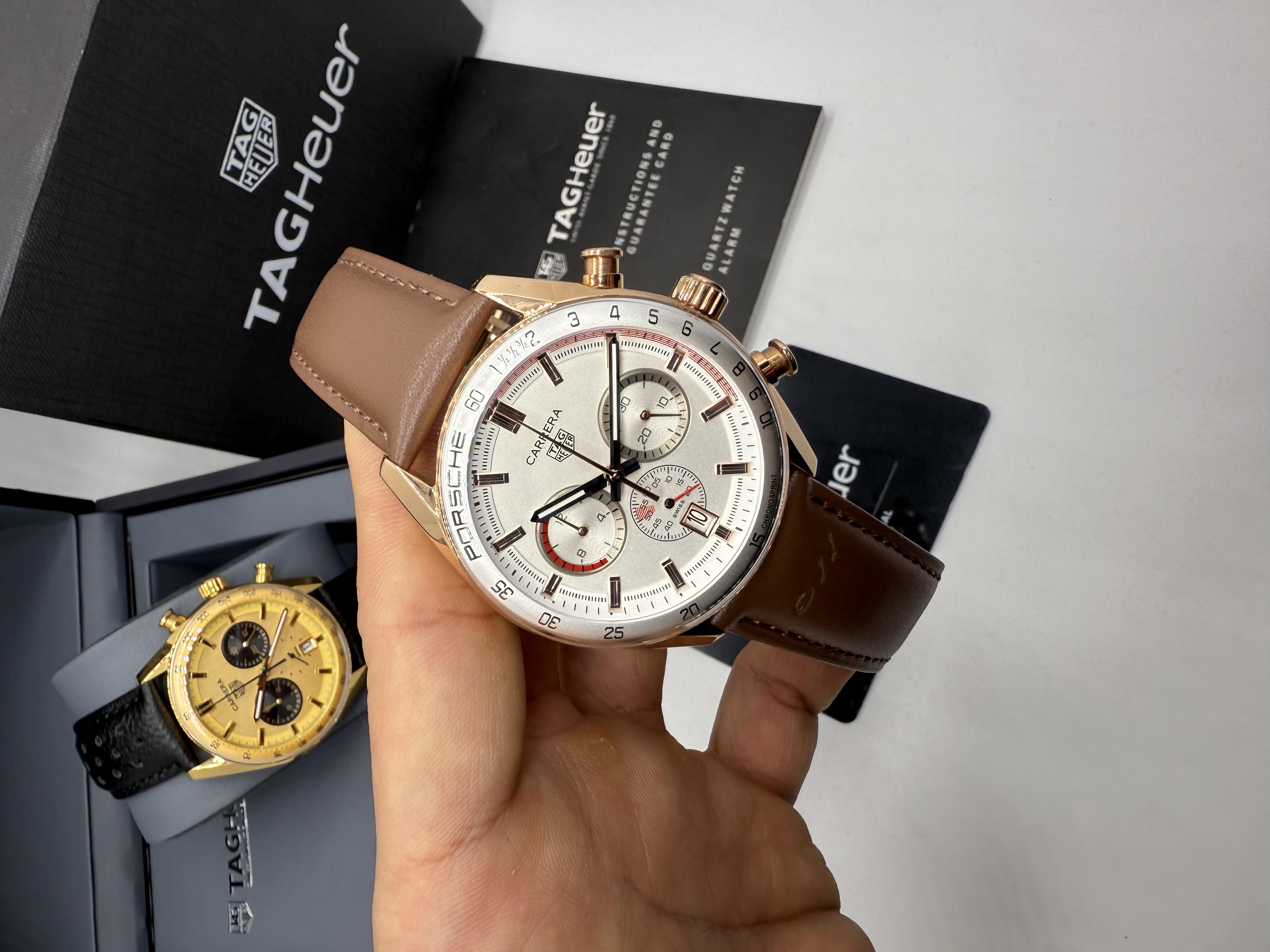 Tag Heuer Carrera Chronograph PORSCHE Dial Branco Couro Marrom