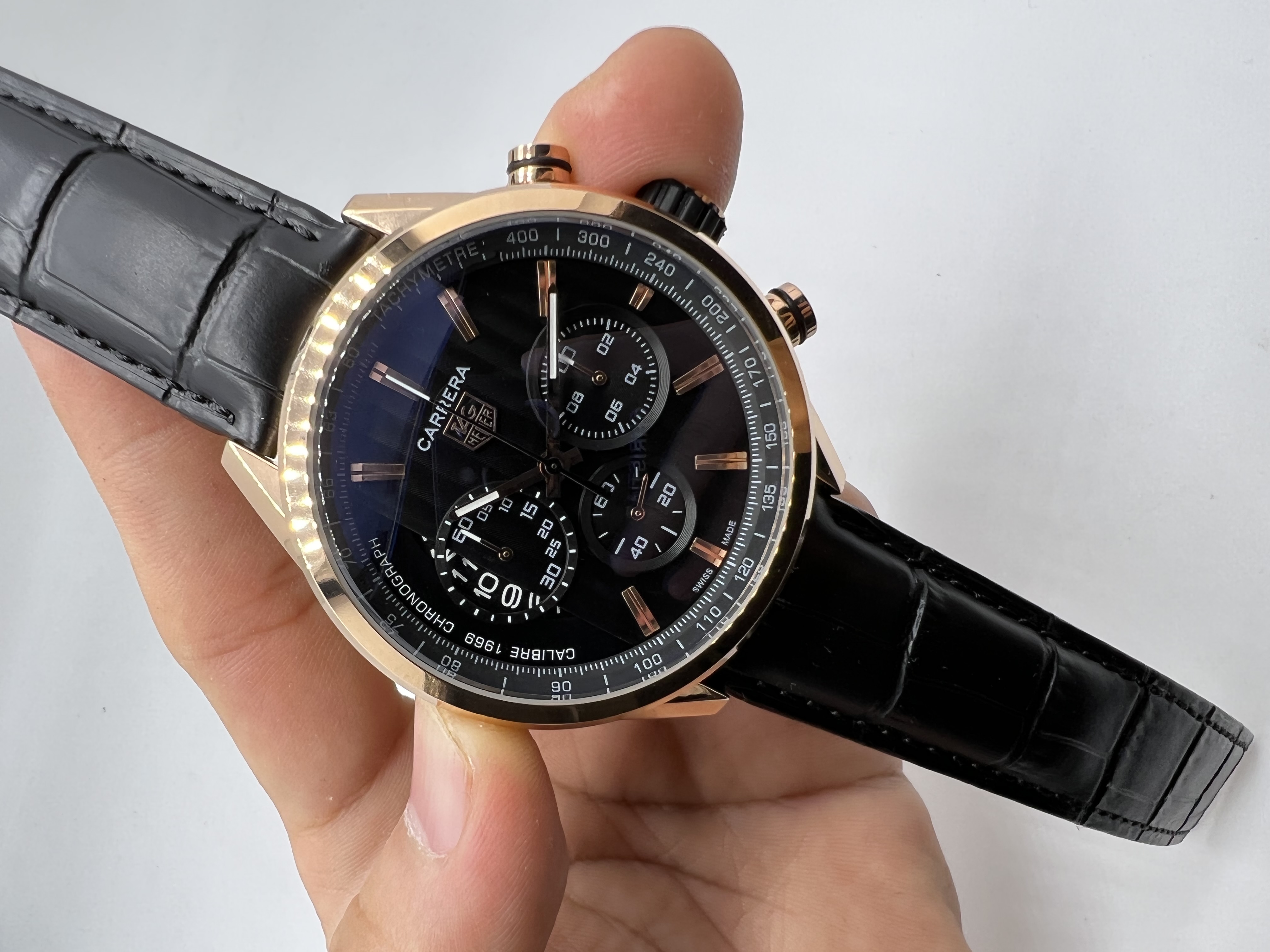 Tag Heuer Carrera Chronograph Rosê Dial Preto Couro.