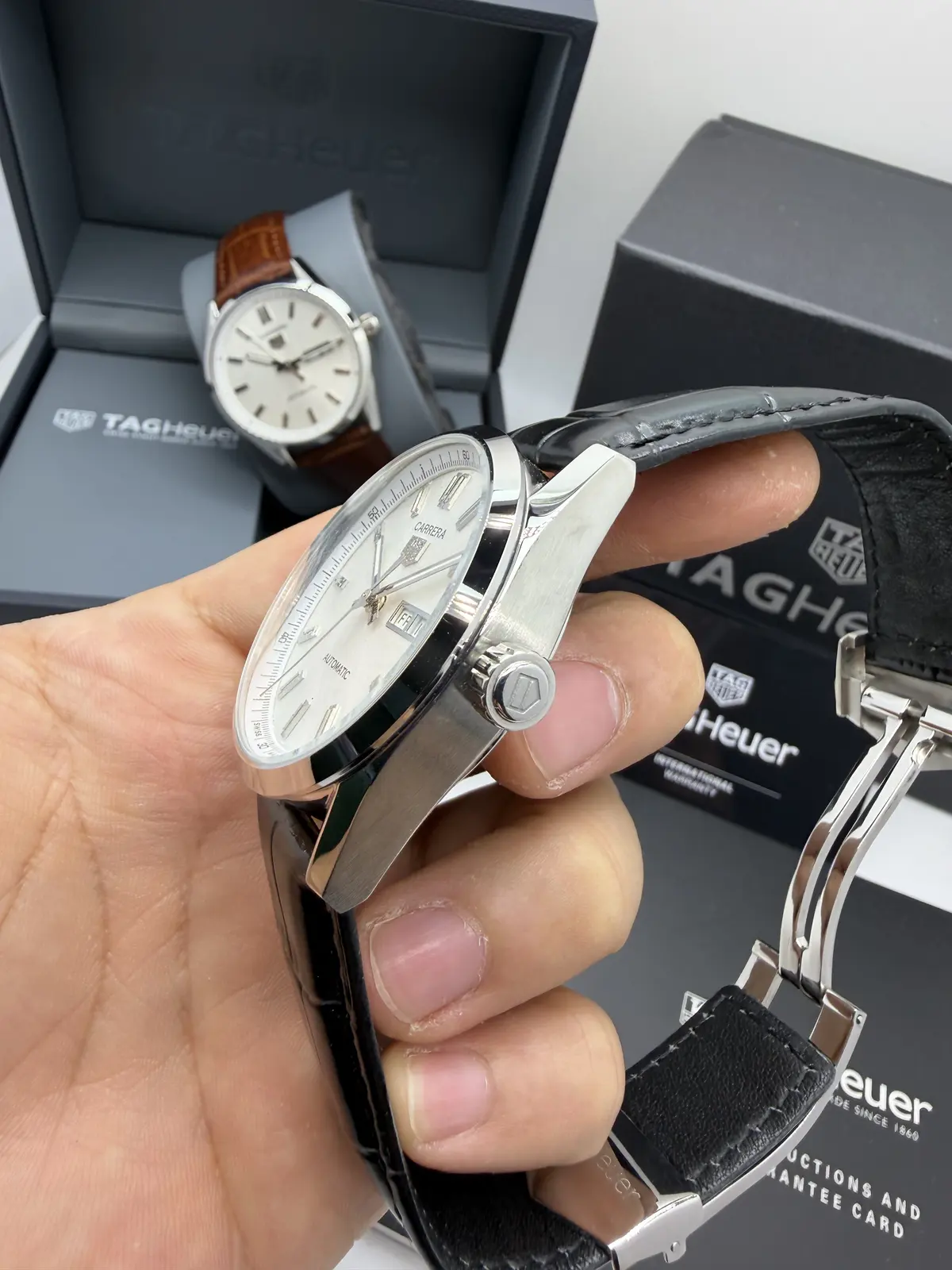 Tag Heuer Carrera DayDate Dial Prateado couro preto