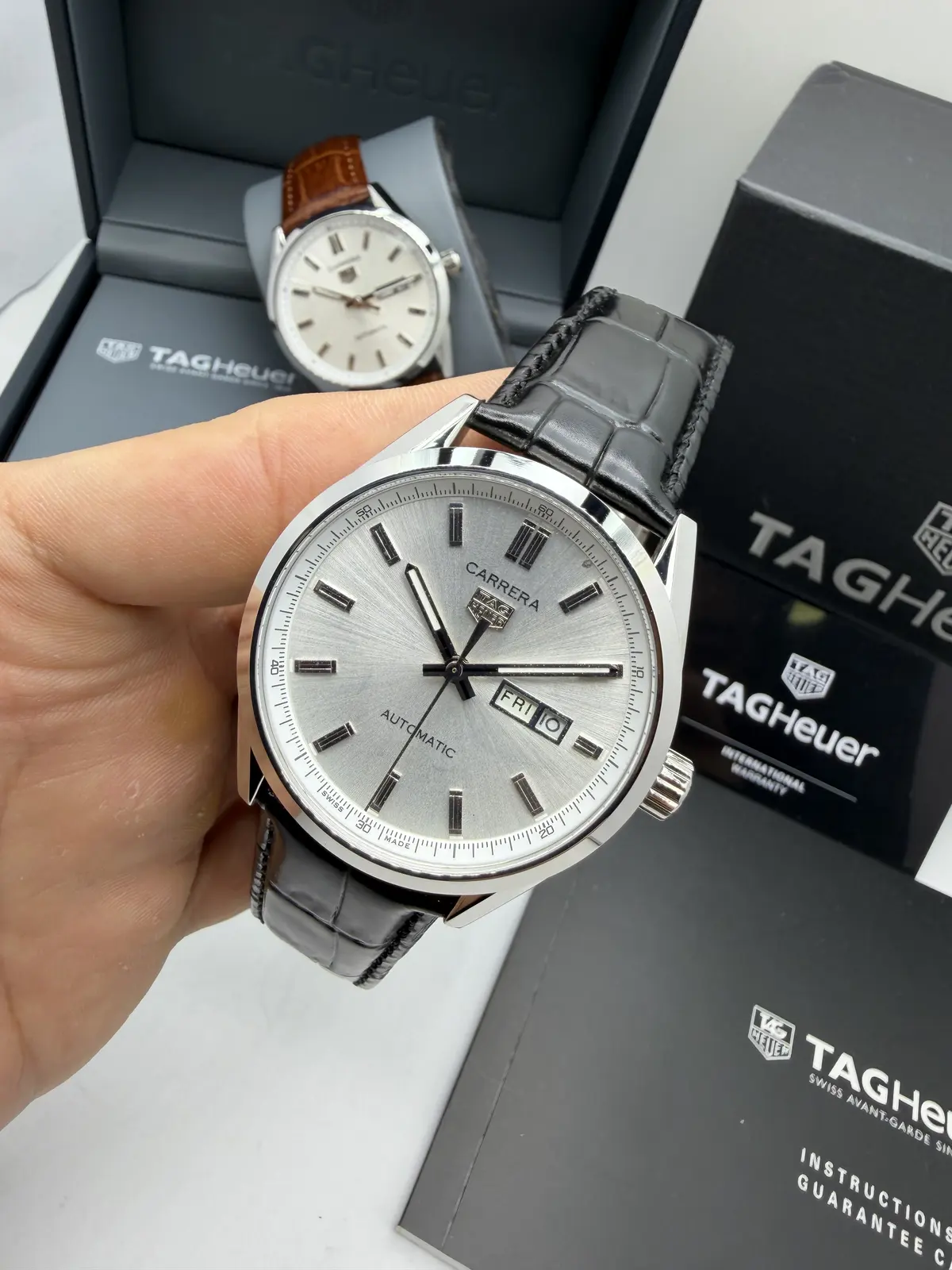 Tag Heuer Carrera DayDate Dial Prateado couro preto